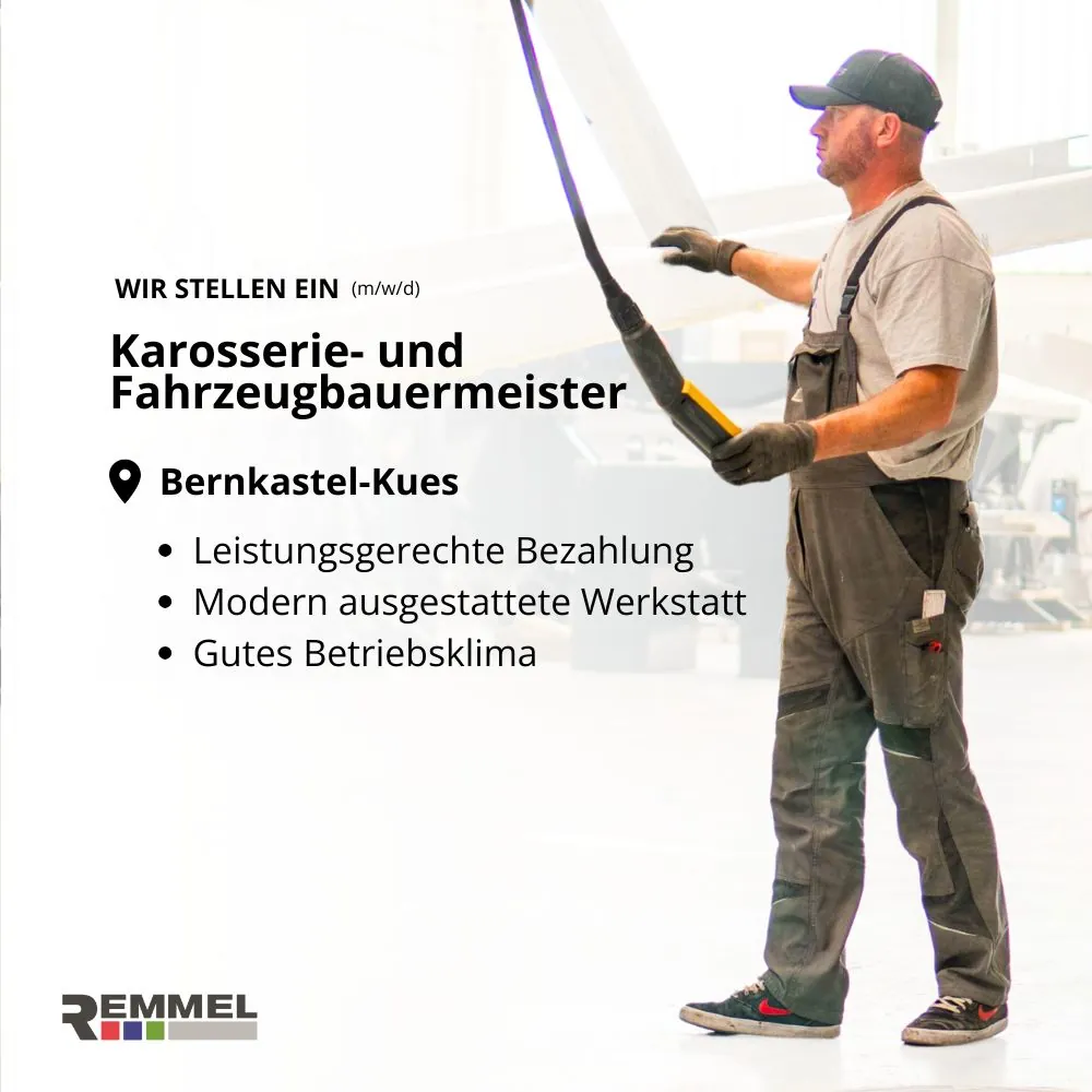 Stellenanzeige der REMMEL AG für einen Karosserie- und Fahrzeugbauermeister, gestaltet von BOHR MEDIA