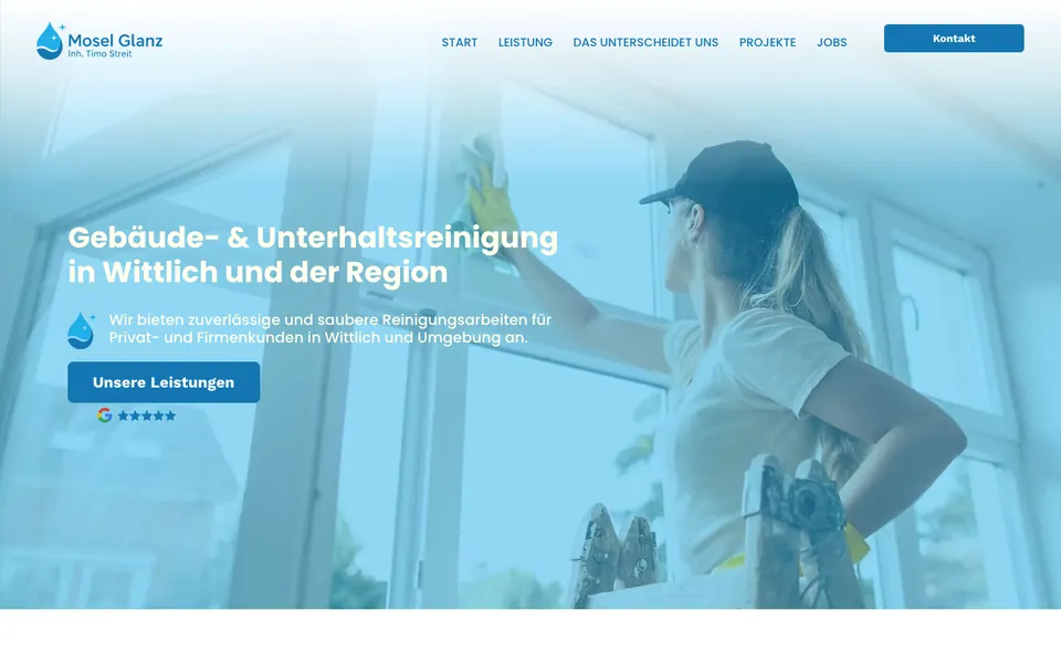 Startseite von Mosel Glanz, Gebäudereinigung in Wittlich, gestaltet von BOHR MEDIA